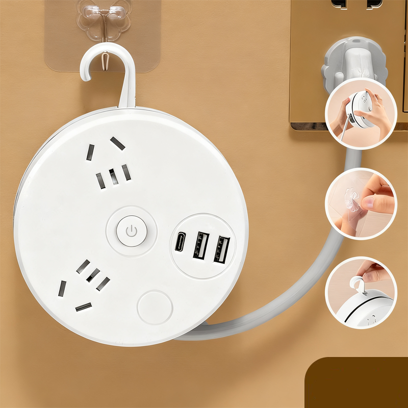 Retractable Power Strip with USB Ports and Hook