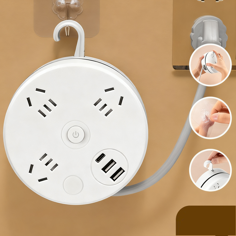 Retractable Power Strip with USB Ports and Hook