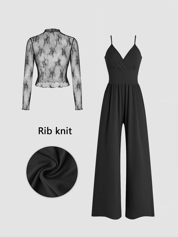 Women's Two-Piece Lace Top and Jumpsuit Set