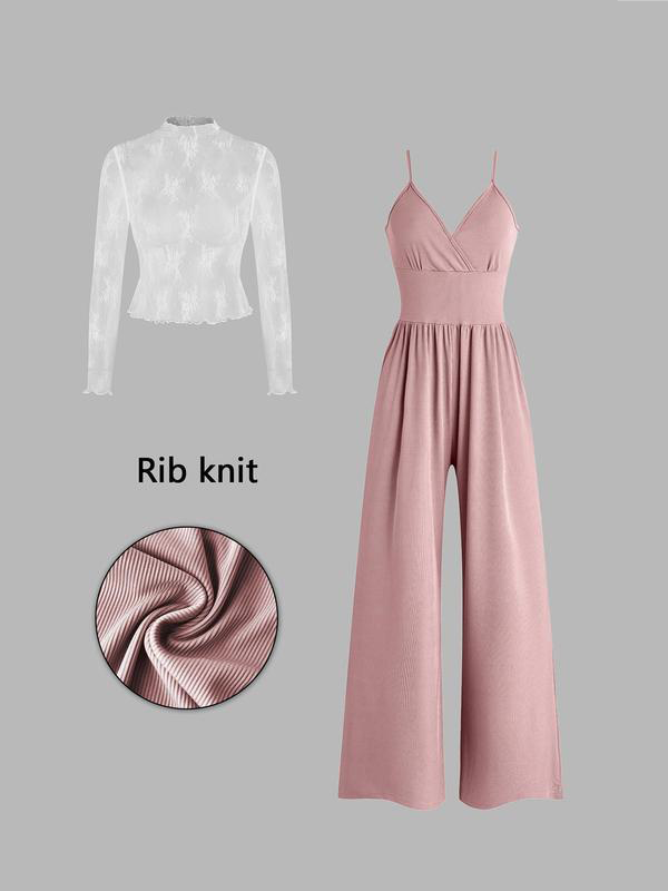 Women's Two-Piece Lace Top and Jumpsuit Set
