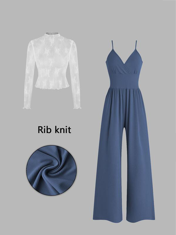 Women's Two-Piece Lace Top and Jumpsuit Set