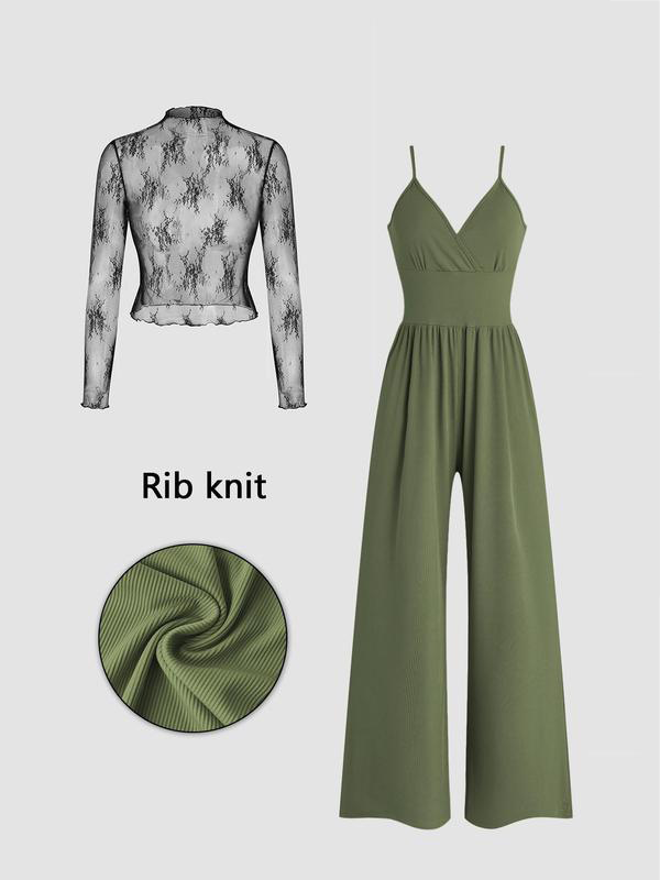 Women's Two-Piece Lace Top and Jumpsuit Set