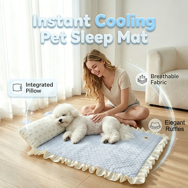 Pet Cooling Mat with Pillow & Breathable Fabric