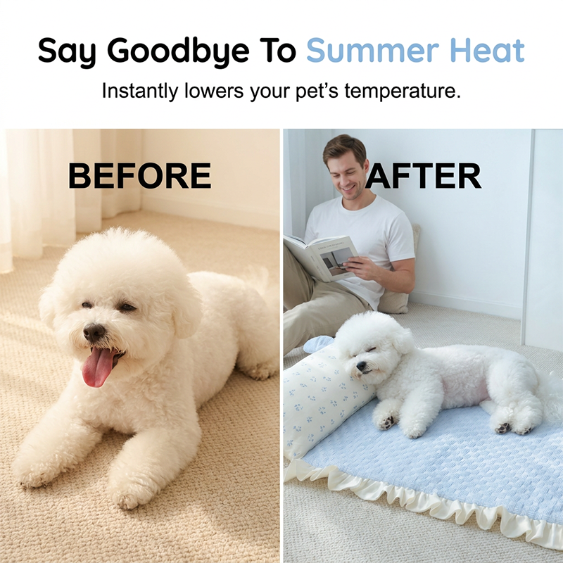Pet Cooling Mat with Pillow & Breathable Fabric