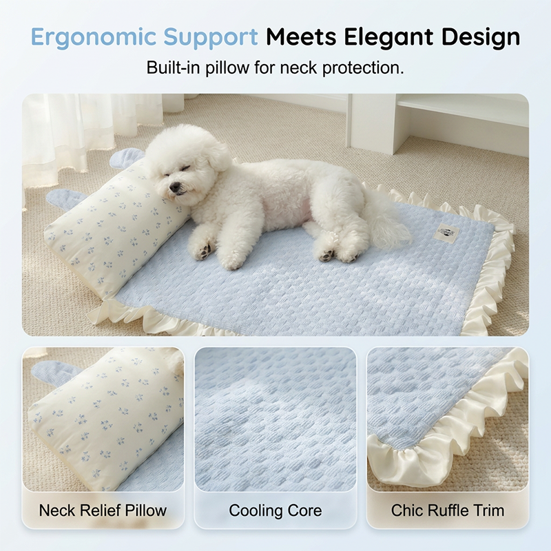 Pet Cooling Mat with Pillow & Breathable Fabric
