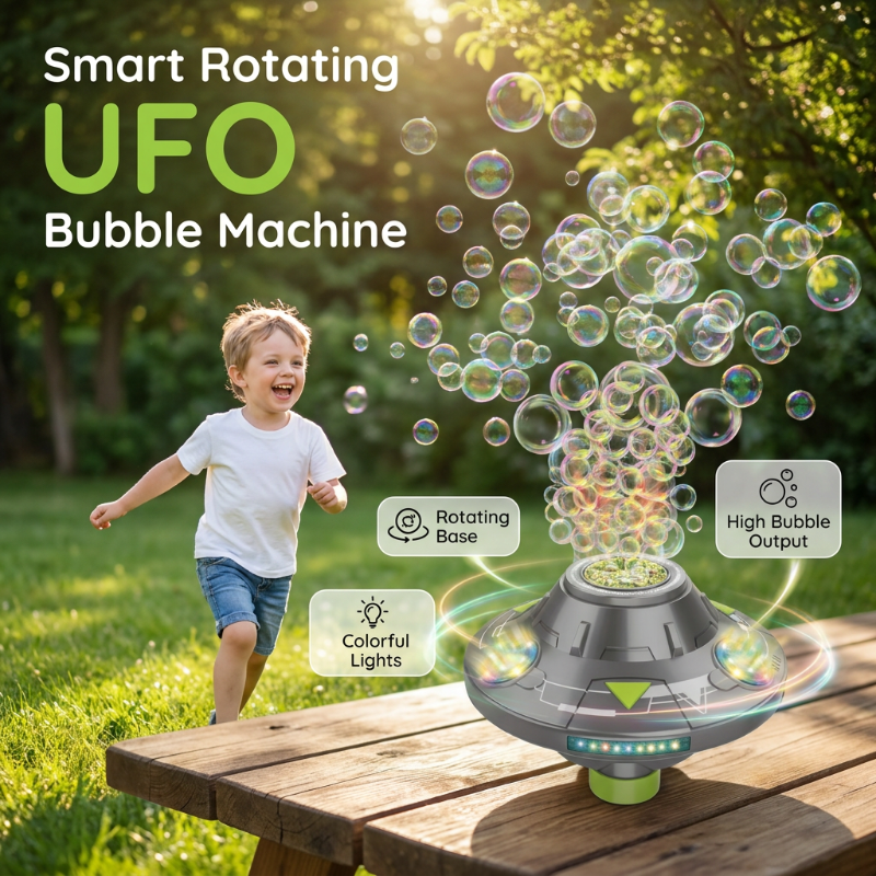 UFO Bubble Machine with 360° Rotation and LED Lights