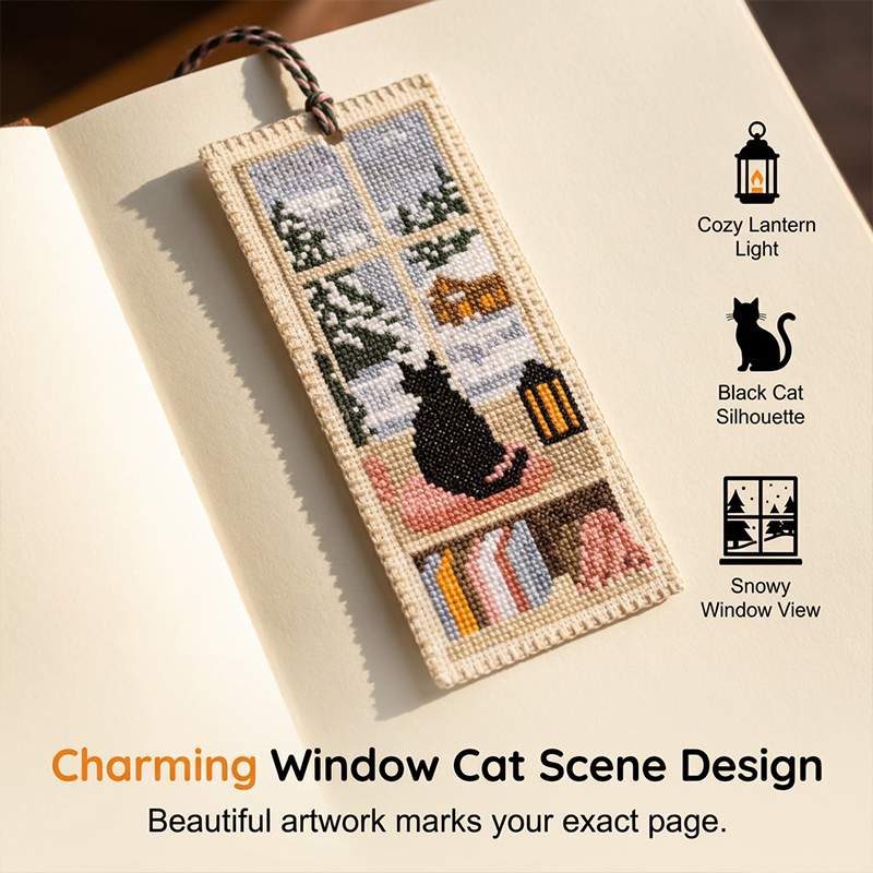 Cross-Stitch Cat Bookmark Kit 4 Seasonal Designs with Braided Tassels