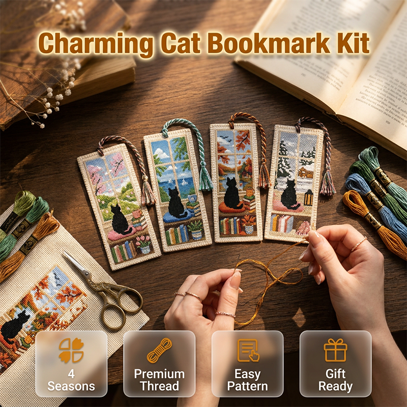 Cross-Stitch Cat Bookmark Kit 4 Seasonal Designs with Braided Tassels