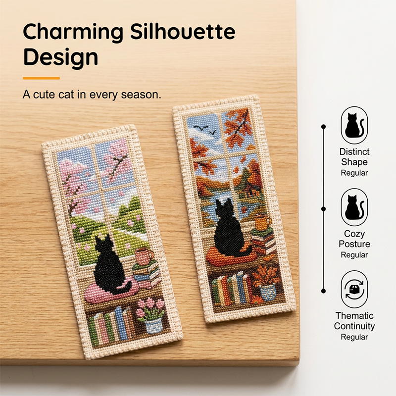 Cross-Stitch Cat Bookmark Kit 4 Seasonal Designs with Braided Tassels
