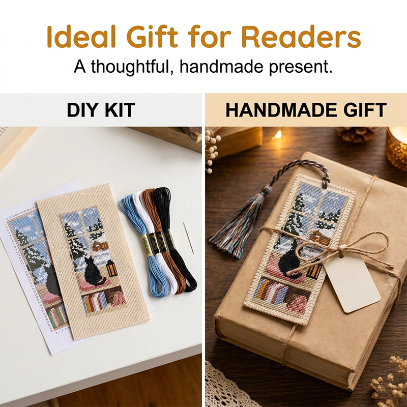 Cross-Stitch Cat Bookmark Kit 4 Seasonal Designs with Braided Tassels