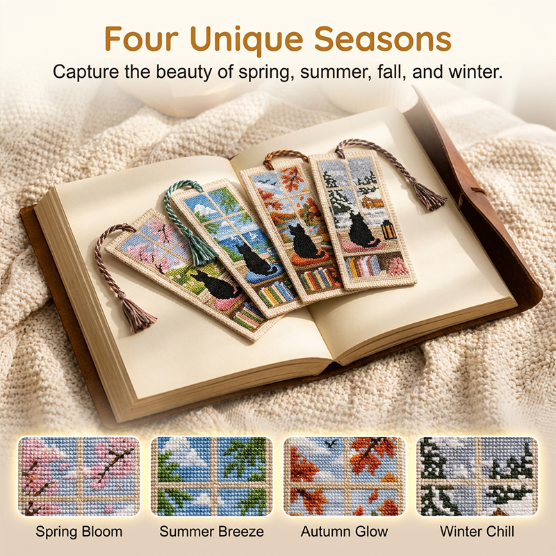 Cross-Stitch Cat Bookmark Kit 4 Seasonal Designs with Braided Tassels