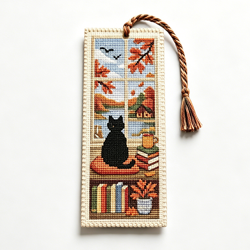 Cross-Stitch Cat Bookmark Kit 4 Seasonal Designs with Braided Tassels