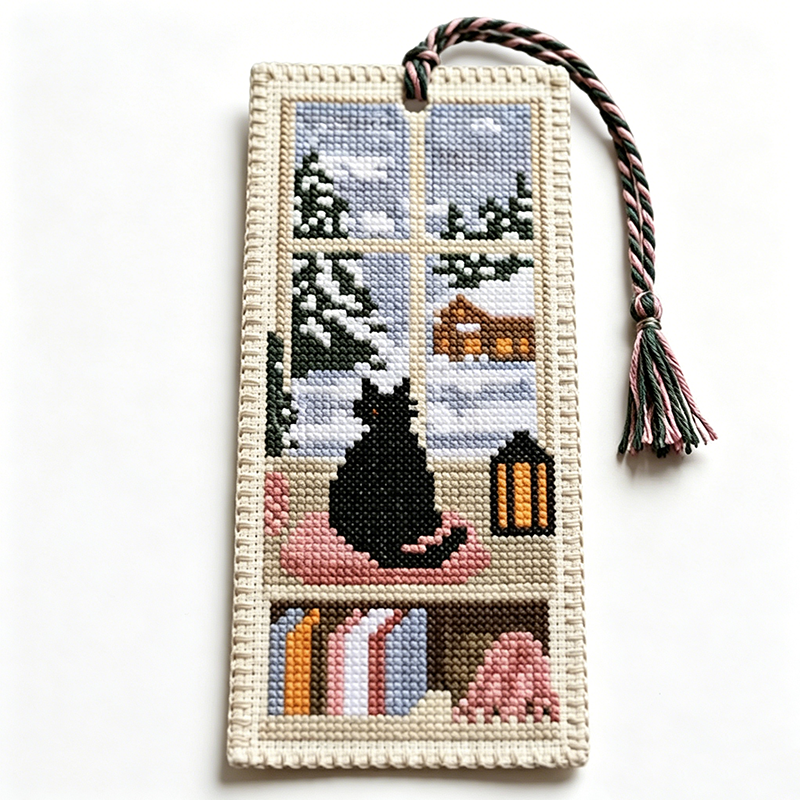 Cross-Stitch Cat Bookmark Kit 4 Seasonal Designs with Braided Tassels