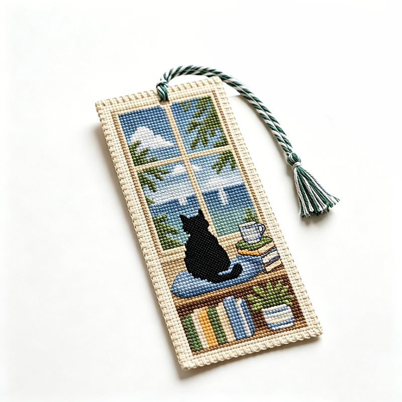 Cross-Stitch Cat Bookmark Kit 4 Seasonal Designs with Braided Tassels