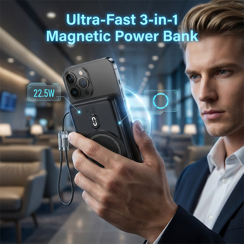 3-in-1 Magnetic Power Bank with Built-In Cable