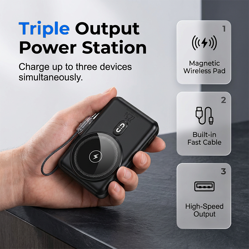 3-in-1 Magnetic Power Bank with Built-In Cable