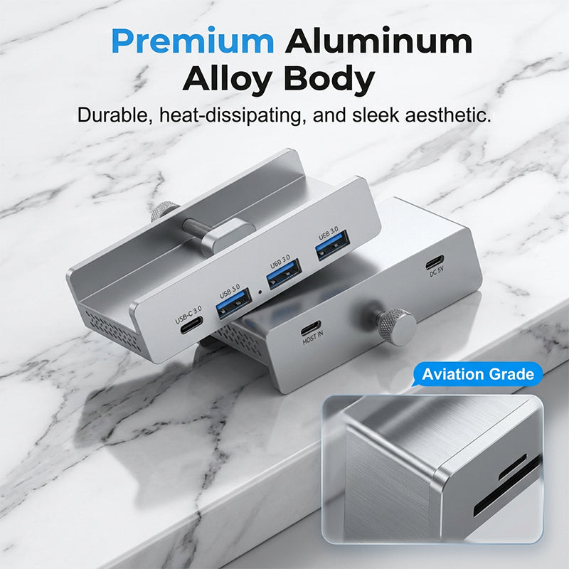 Clamp-On USB 3.0 Hub Aluminum Alloy 4-Port Docking Station