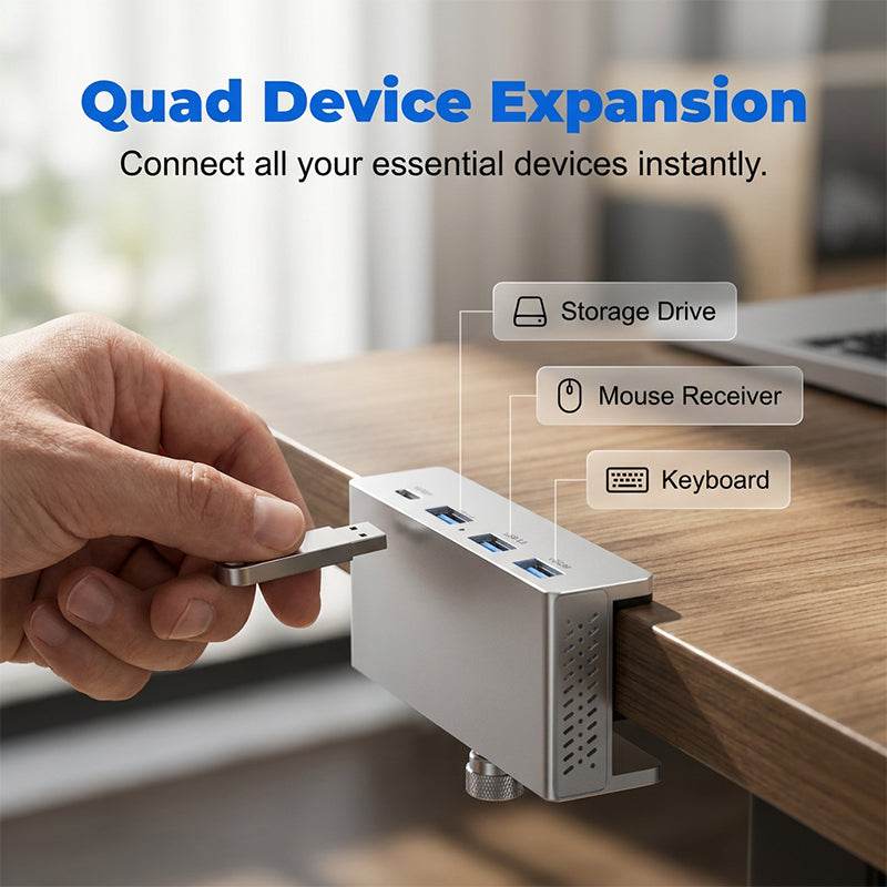Clamp-On USB 3.0 Hub Aluminum Alloy 4-Port Docking Station