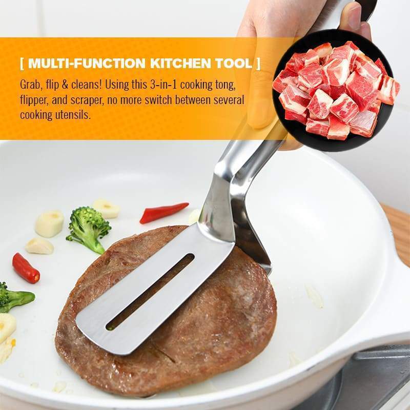 3-in-1 Stainless Steel Cooking Clamp Tongs Flipper Scraper