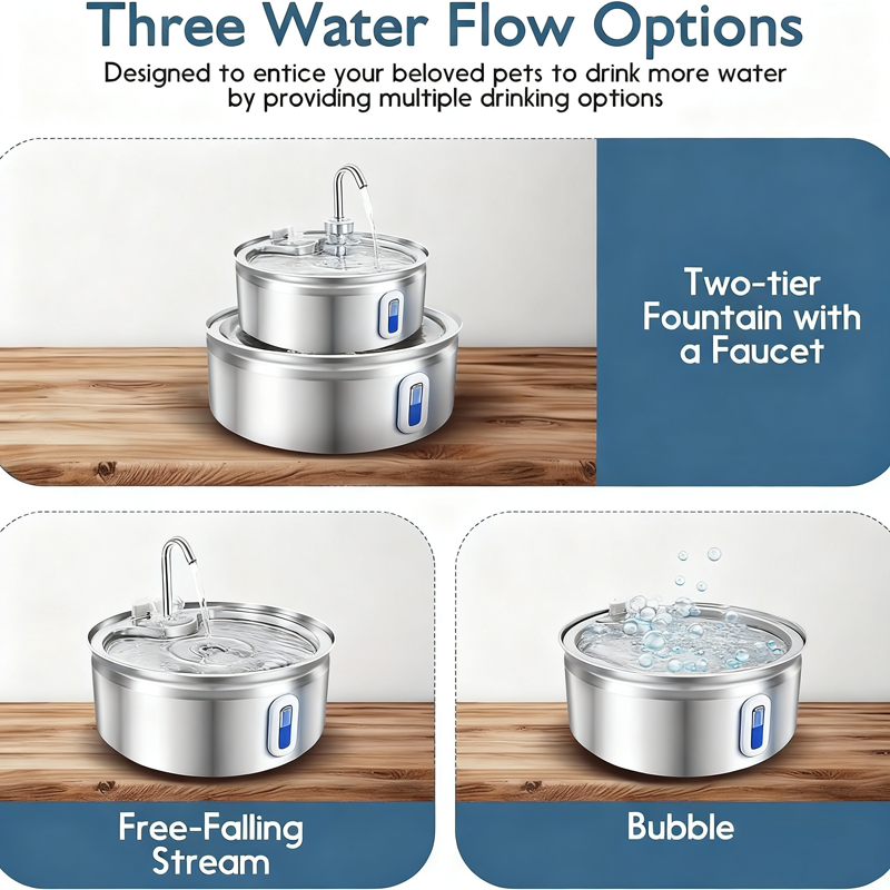 Stainless Steel Pet Water Fountain 3.2L with 3 Flow Modes