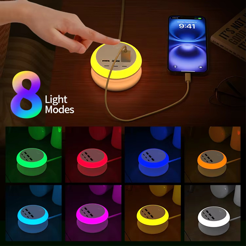 Portable 6-Port Charging Station with 8-Color Night Light