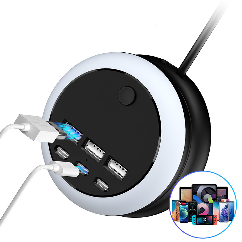 Portable 6-Port Charging Station with 8-Color Night Light
