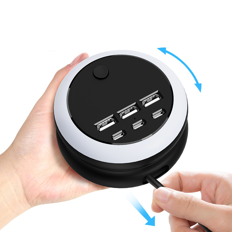 Portable 6-Port Charging Station with 8-Color Night Light
