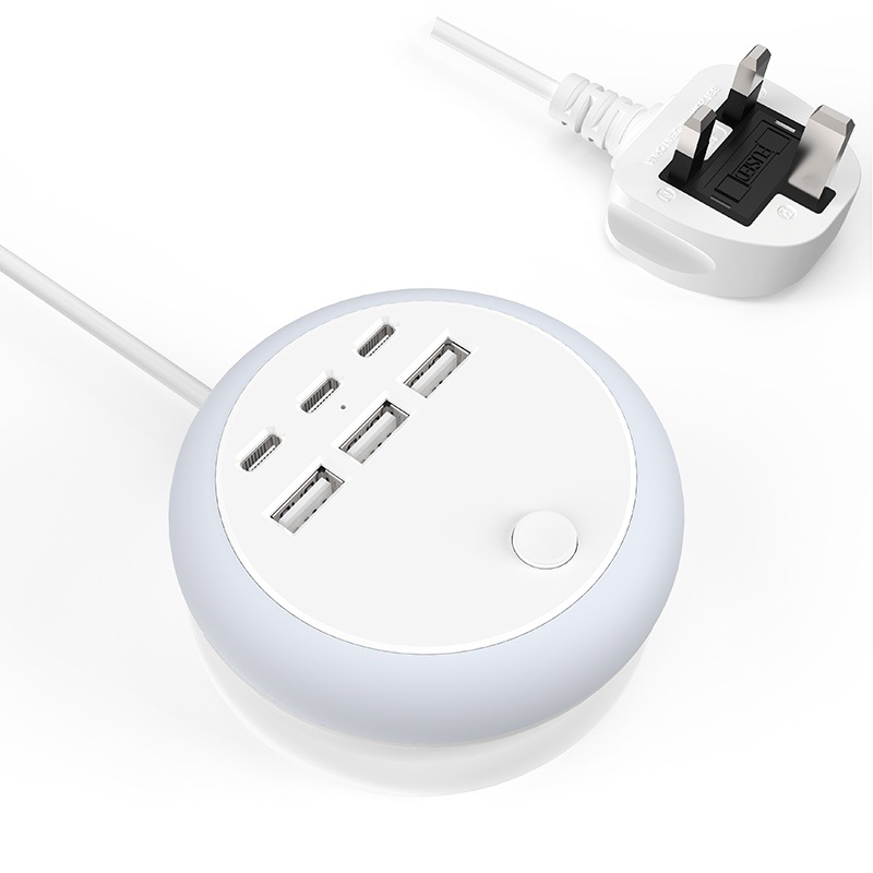 Portable 6-Port Charging Station with 8-Color Night Light