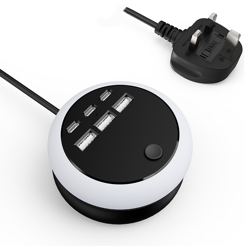 Portable 6-Port Charging Station with 8-Color Night Light