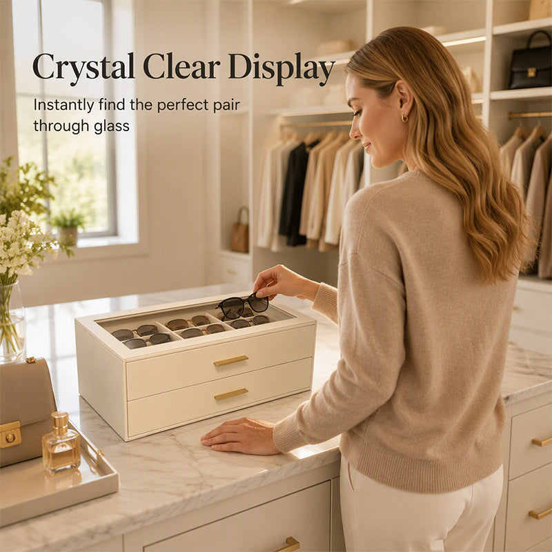2-Tier Sunglasses Organizer Box with Transparent Glass Top