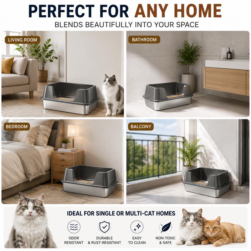 Stainless Steel High-Sided Cat Litter Box for Multi-Cat Homes