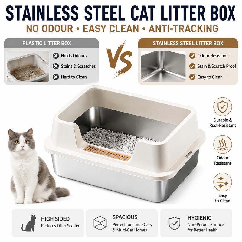 Stainless Steel High-Sided Cat Litter Box for Multi-Cat Homes