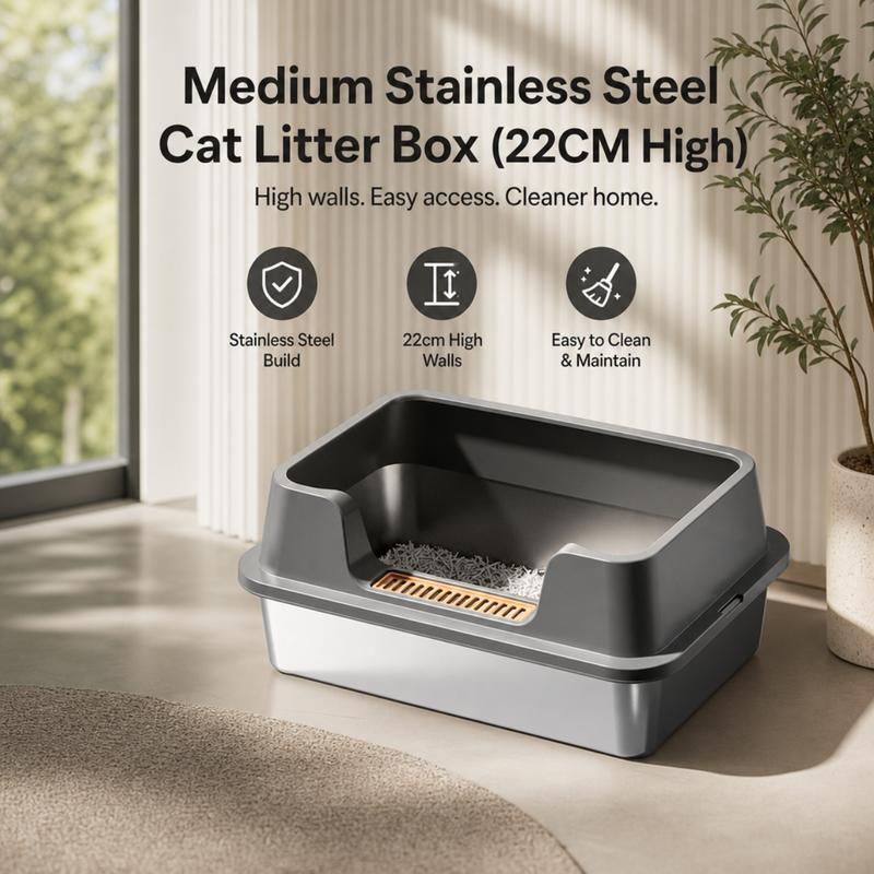 Stainless Steel High-Sided Cat Litter Box for Multi-Cat Homes