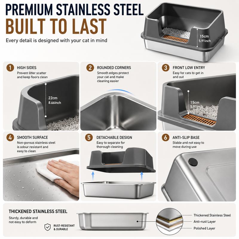 Stainless Steel High-Sided Cat Litter Box for Multi-Cat Homes