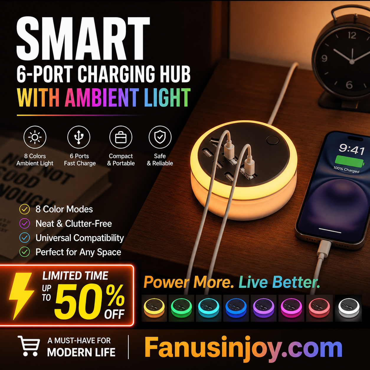 Portable 6-Port Charging Station with 8-Color Night Light